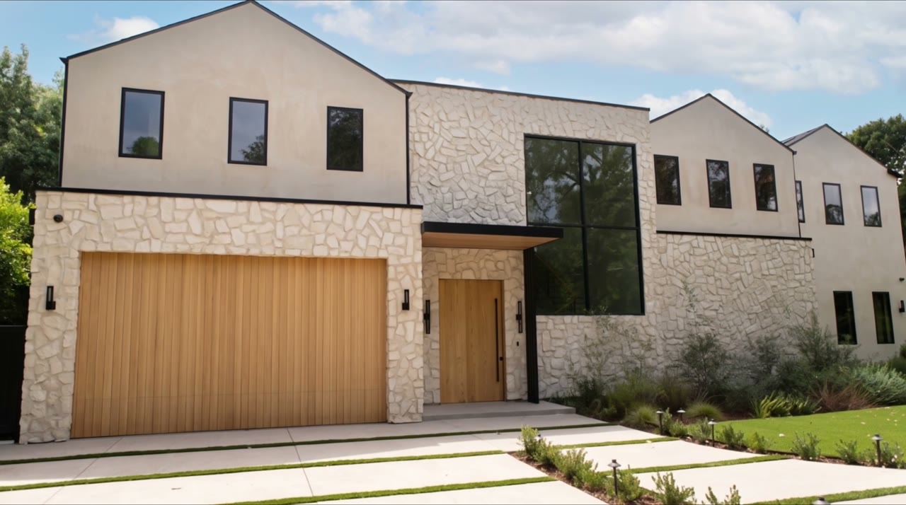 Stone and stucco facade with white oak garage door