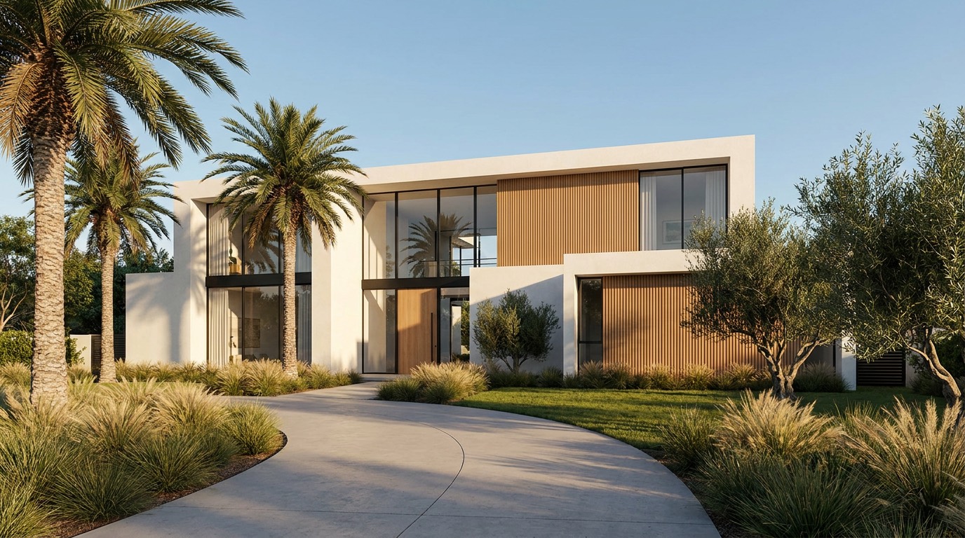 Exterior 3D rendering of a contemporary two storey house