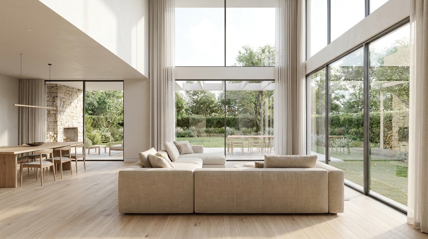 Interior 3D rendering of an open plan living and dining space