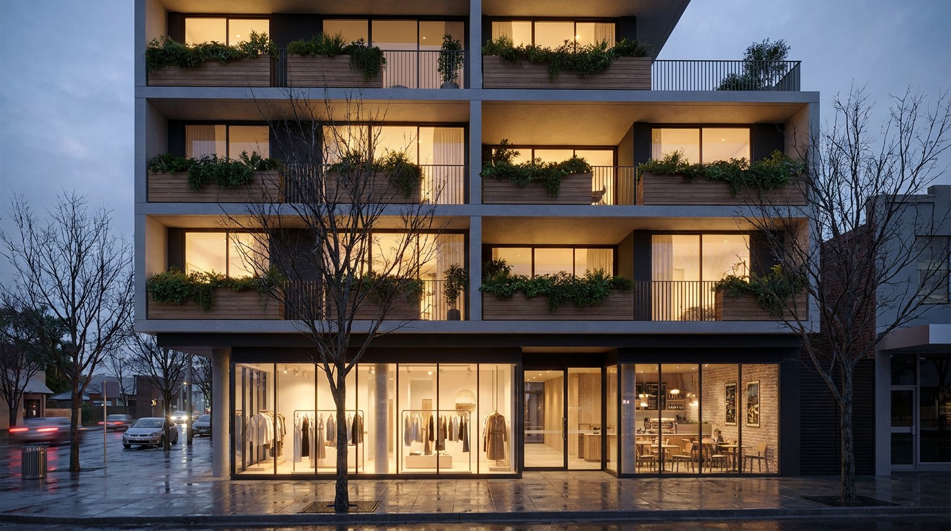3D rendering of a mixed use mid-rise with ground floor retail